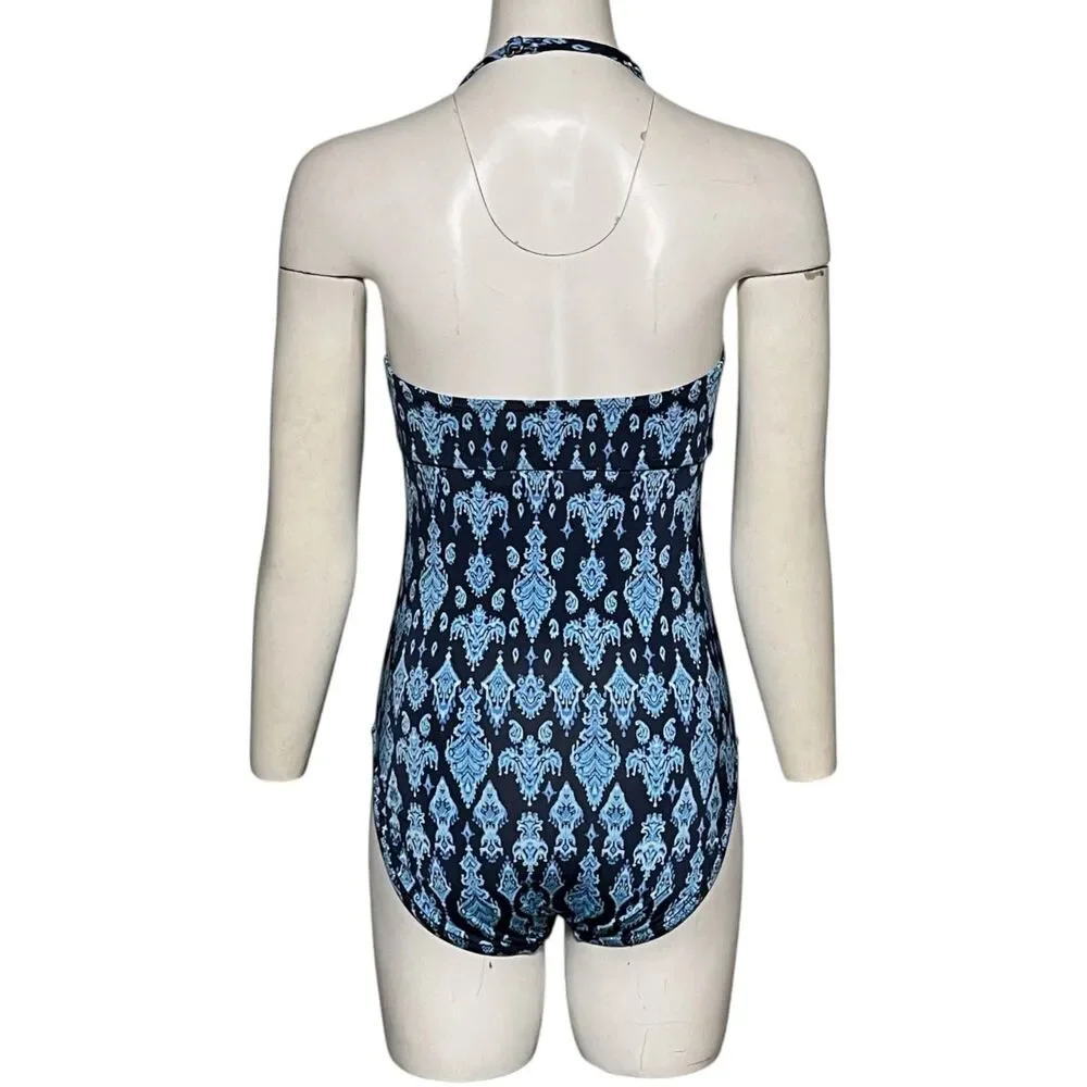 Garnet Hill One Piece Swimsuit Size 8 Ruched Bandeau Halter Blue Paisley NWT